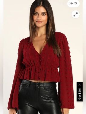 Lulus Romantic Ideals Burgundy Clip Dot Sleeve Button Front Top